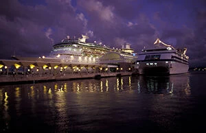 Puerto Rico, Old San Juan. Tourist port; cruise ships in sunset light