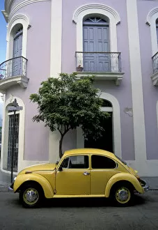 Puerto Rico, Ponce, Historic District. 19th century pink and white house with yellow