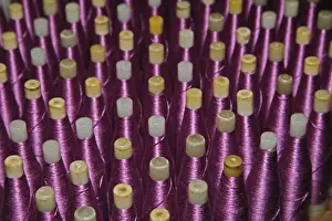 Bobbin Prints: Purple silk thread wound on bobbins stacked in rows at a silk weaving factory, Chiang Mai