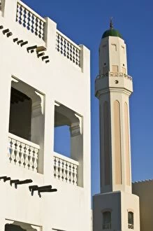 Qatar, Ad Dawhah, Doha. Mosque Minaret Detail along Ali bin Abdullah Street / Sunset