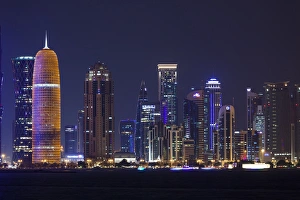 Qatar Collection: Qatar, Doha, Doha Bay, West Bay skyscrapers, dusk, with Burj Qatar Tower
