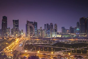 Qatar Collection: Qatar, Doha, Doha Bay, West Bay Skyscrapers, elevated view, dusk