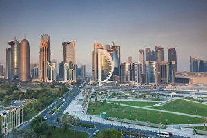 Qatar Collection: Qatar, Doha, Doha Bay, West Bay Skyscrapers, elevated view, dawn