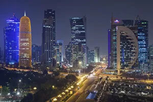 Qatar Gallery: Qatar, Doha, Doha Bay, West Bay Skyscrapers, elevated view, dusk