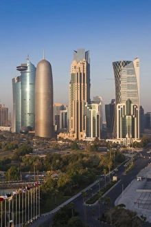 Qatar Collection: Qatar, Doha, Doha Bay, West Bay Skyscrapers, elevated view, dawn