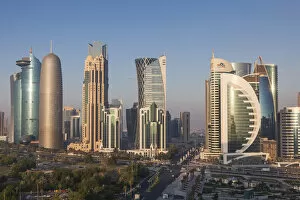 Qatar Collection: Qatar, Doha, Doha Bay, West Bay Skyscrapers, elevated view, dawn