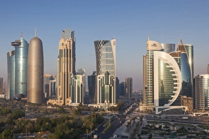 Qatar Collection: Qatar, Doha, Doha Bay, West Bay Skyscrapers, elevated view, dawn