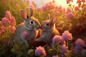 AI Generated Image Prints: Two rabbits backlit amid flowers