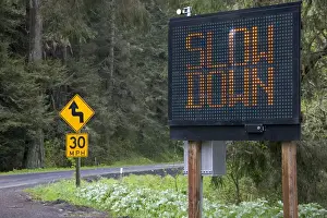 Warning Prints: Radar operated digital road sign warning motorists to slow down on U