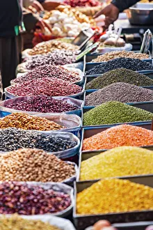 South Asia Prints: Rainawari, Srinagar, Jammu and Kashmir, India. Dried lentils and beans at a market