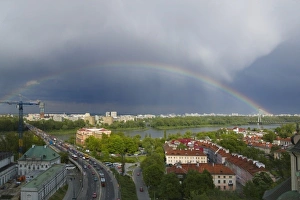 Town View Prints: Rainbow over bridge and old town cityscape, Warsaw, Poland