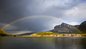 Lodging Prints: Rainbow over Swiftcurrent Lake and the Many Glacier Lodge in Glacier National Park