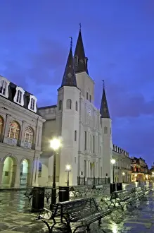 Rainy Prints: Rainy evening lighting St. Louis Cathedral at Jackson Square French Quarter New Orleans