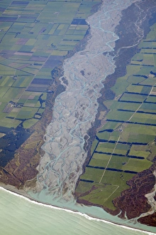 Canterbury Prints: Rakaia River, and Canterbury Plains, Canterbury, South Island, New Zealand - aerial