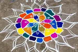 Rangoli design (or Kolam or Muggu) on street to welcome hindu deities, Pondicherry (Puducherry)