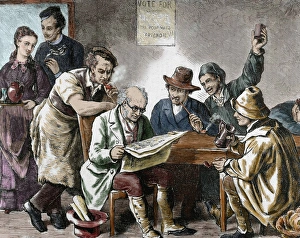 England Prints: Reading the newspaper in the tavern. Colored engraving, 1876