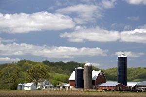 Silo Prints: Red barn and grain silos on a farm in Manitowoc County, Wisconsin, USA