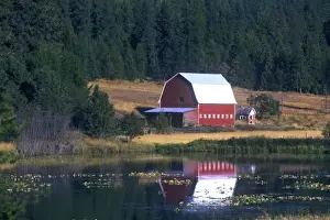 Pretty Prints: A red barn with sheet metal roof is reflected in a lake just north of Hayden Lake, Idaho
