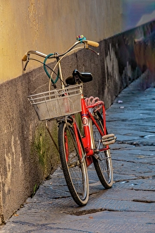 Bicycle Prints: Red bicycle leaning against a wall in an alley