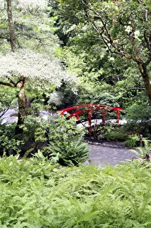 Images Dated 3rd August 2007: Red footbridge in Japanese Garden at Butchart Gardens Victoria British Columbia Canada