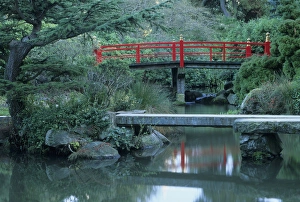 Pathway Prints: Red Japanese bridge and pond at Kubota Gardens, Renton, Washington