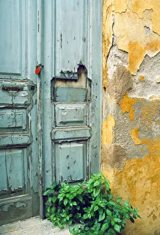 Rustic Prints: Red lock on a weathered blue door