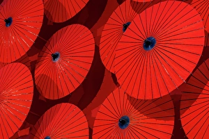 Kyoto Prints: Red paper parasols on display, Arashiyama, Kyoto, Japan