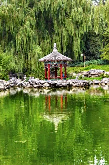 China Collection: Red Pavilion Lotus Pads Garden Temple of Sun City Park, Beijing, China Willow Green Trees