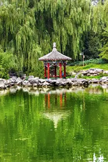 Imperial Prints: Red Pavilion Lotus Pads Garden Temple of Sun City Park, Beijing, China Willow Green Trees