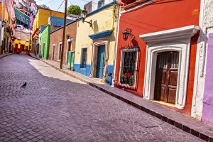 Houses Prints: Red Pink Colorful Houses Narrow Street Guanajuato Mexico