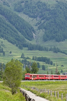 Transit Prints: Red train crossing Swiss countryside