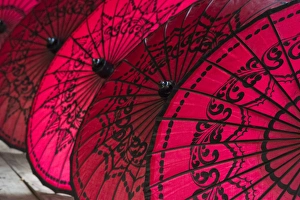 Burma Prints: Red umbrellas, Inle Lake, Shan State, Myanmar