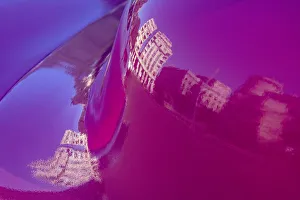 Prints of Reflection of buildings in trunk of hot pink classic American Oldsmobile in Vieja, old Habana, Havana, Cuba Caribbean Prints: Reflection of buildings in trunk of hot pink classic American Oldsmobile in Vieja