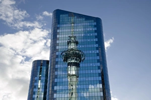 Office Block Prints: Reflection of Skytower in Office Building, Auckland, North Island, New Zealand