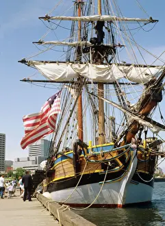 Ship Prints: A replica of a Revolutionary War era sailing ship docked at the Portland sea wall