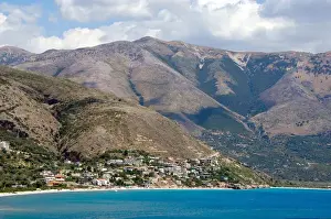 Albania Prints: REPUBLIC OF ALBANIA. Qeparo beach with mountainous landscape in the background