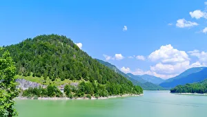 Prints of Reservoir Lake Sylvenstein near Bad Tolz in the Karwendel mountains. The river Isar is the main tributary. Germany, Upper Bavaria Images Dated 2022 May: Reservoir Lake Sylvenstein near Bad Tolz in the Karwendel mountains