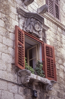 Hvar Island Prints: Residential window detail with ornate cornice. Hvar Town, Hvar Island. Croatia