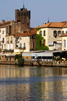 Restaurants along the l Herault river. L Herault river. Agde town. Languedoc