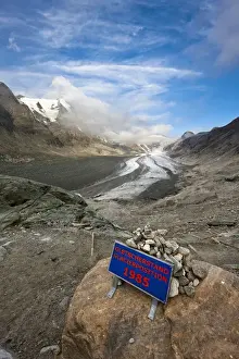 Carinthia Prints: Retreat of Glacier Pasterze of Mount Grossglockner with a sign showing the glacier position 1985