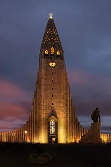 Steeple Prints: Reykjavik, Iceland Hallgrimskirkja church with statue of Leif Erikson