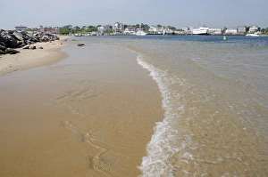 Rhode Island, Block Island. Beach view of harbor area of New Shoreham