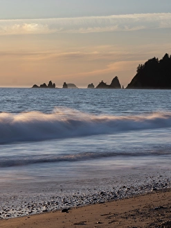 Prints of Rialto Beach, Olympic Peninsula, Washington State. Surf and sand at sunset Images Dated 2024 September: Rialto Beach, Olympic Peninsula, Washington State. Surf and sand at sunset