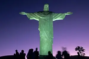 Greenish Prints: Rio de Janeiro, Brazil. the Christ Statue on Corcovado mountain at night with greenish floodlights