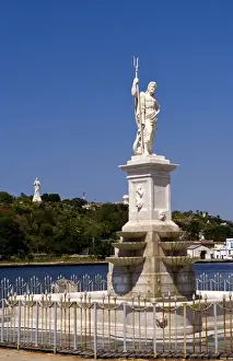 Habana Prints: River and statues with Christ statue on hill in background in Havana Cuba Habana