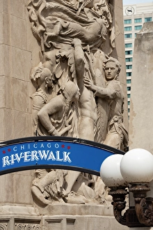Bas Relief Prints: Riverwalk signage along the Chicago River in downtown Chicago with Michigan Avenue bas-relief