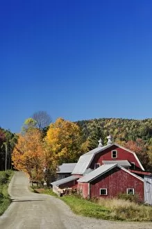 Road beside classic rural barn / farm in autumn, New Hampshire