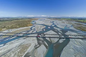 Road and rail bridges across Rakaia River, Rakaia, and Southern Alps, Mid Canterbury