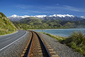 Shoreline Prints: Road, railway, and Seaward Kaikoura Ranges, Mangamaunu, near Kaikoura, Marlborough