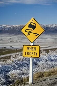 Road Sign and Hoar Frost, near Poolburn, Central Otago, South Island, New Zealand